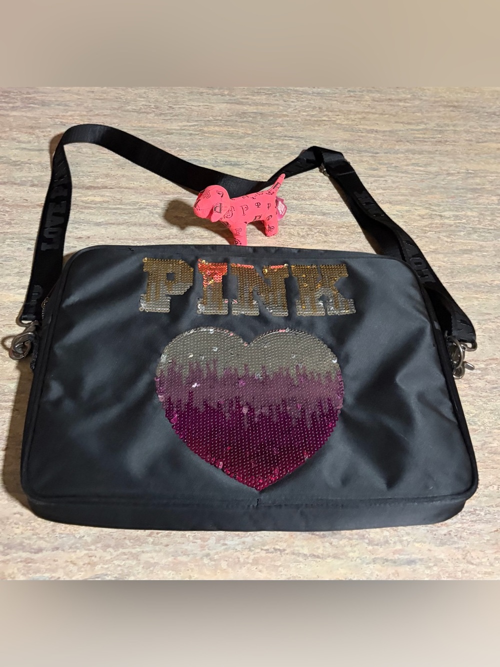 PINK Sequin Heart Laptop/ Crossbody Bag - Black with Ombre Pink Heart & Dog